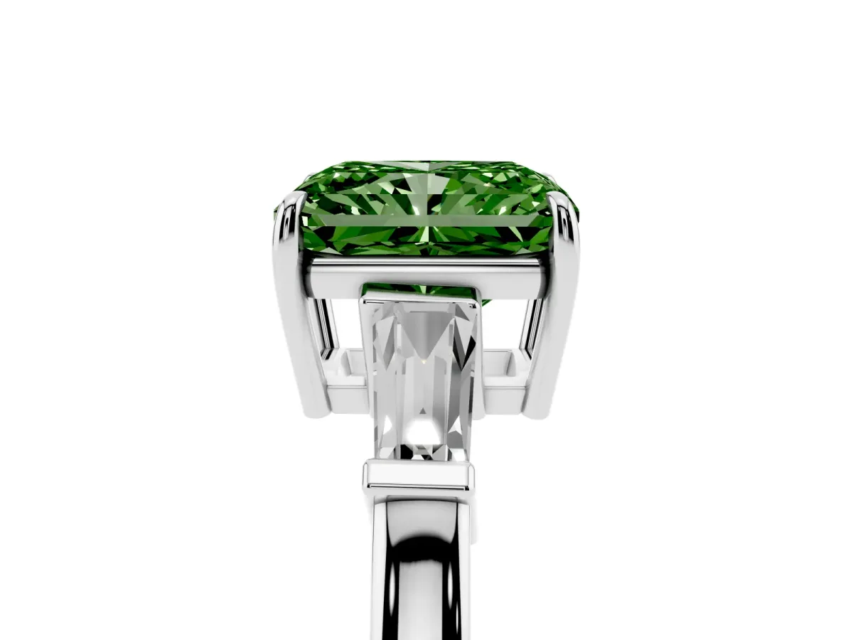 Fancy Green Radiant Cut Diamond Three-Stone Ring with Tapered Baguette Side Stones and Prong Setting Silver