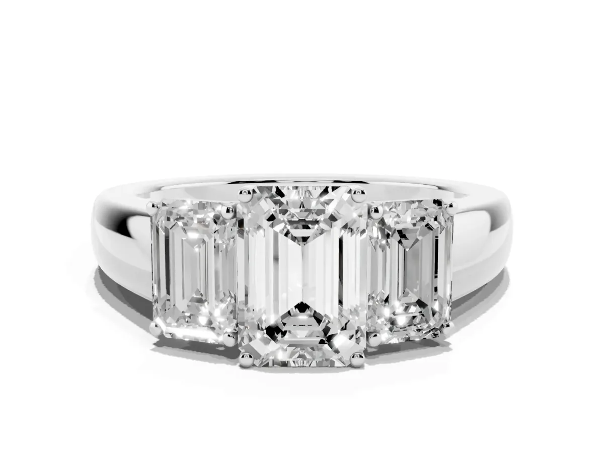 Three-Stone Emerald Cut Cut Diamond Ring with Prong Setting and Classic Band Silver