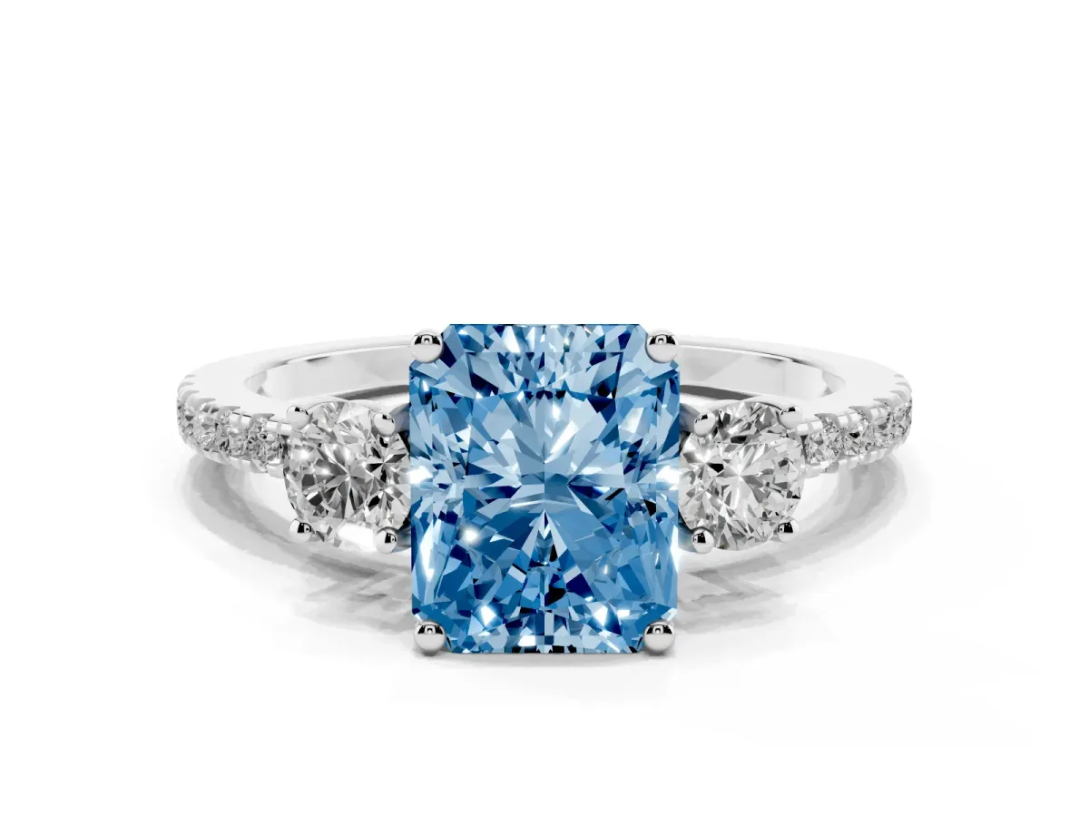 Fancy Blue Three-Stone Radiant Cut Cut Diamond Pavé Band with Prong Setting Platinum