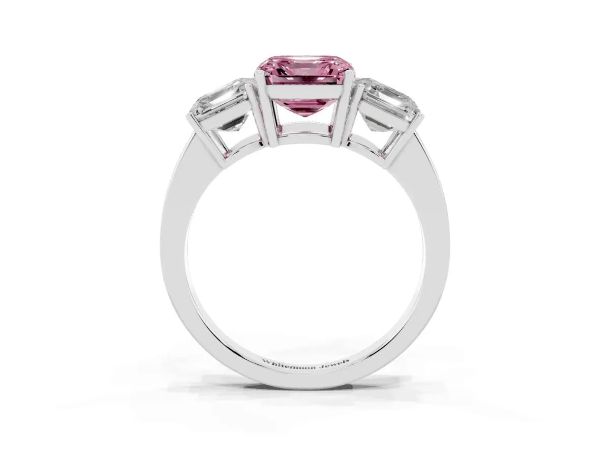 Fancy Pink Three-Stone Asscher Cut Cut Diamond Engagement Ring with Flat Band and Four-Prong Setting Silver