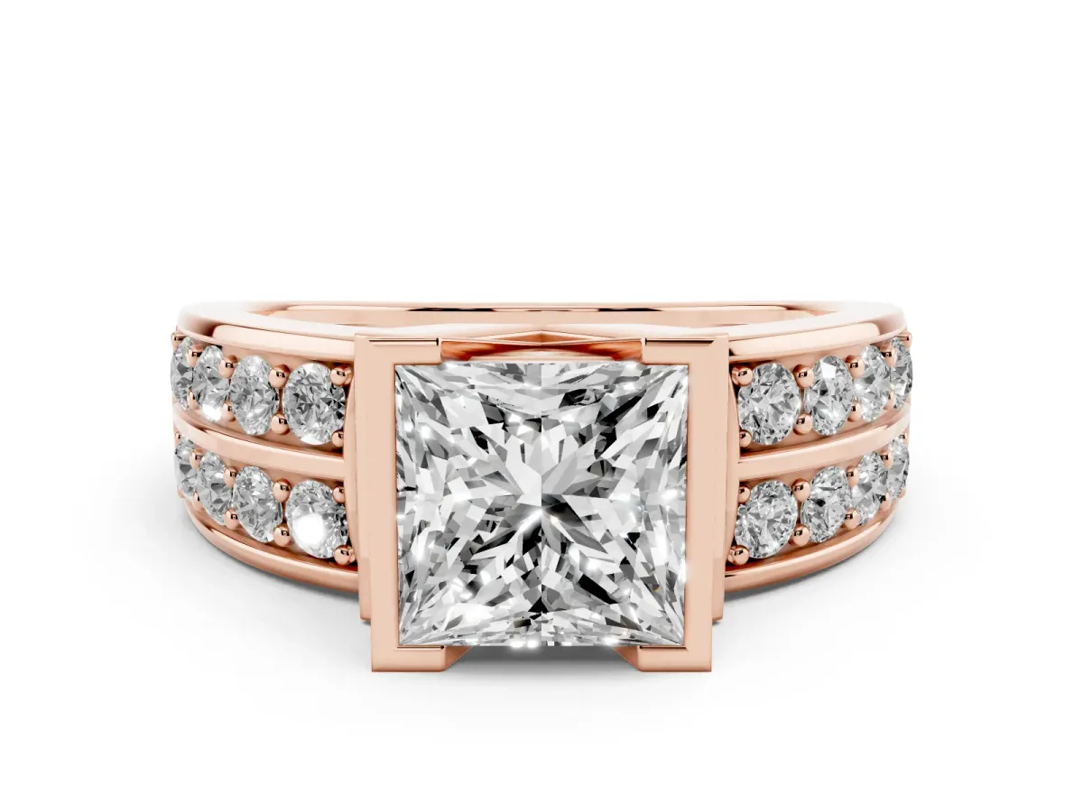 Princess Cut Brilliant Diamond Channel Set Wide Band Ring with Bezel Setting Rose gold