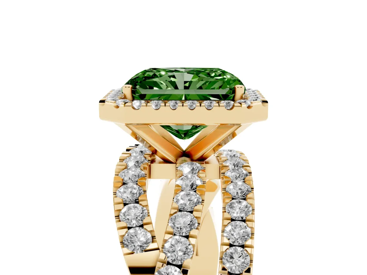 Fancy Green Radiant Cut Diamond Halo Ring with Round Split Shank and Prong Setting Yellow gold