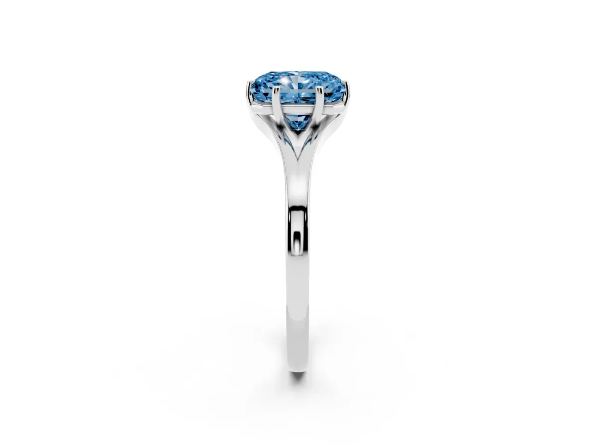 Fancy Blue Radiant Cut Solitaire Diamond Ring with Six-Prong Setting and Tapered Band Silver