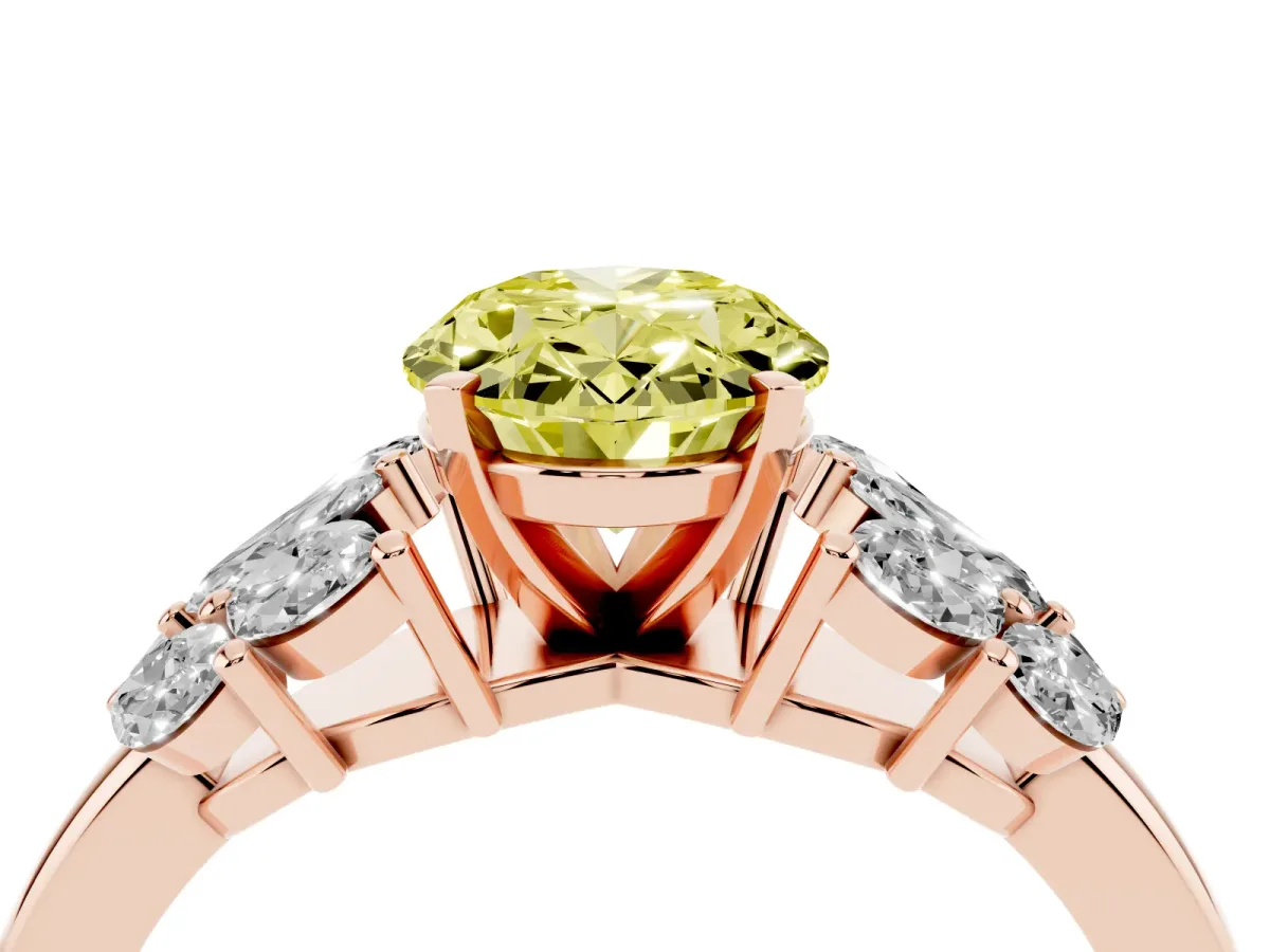 Fancy Yellow Oval Cut Diamond Cluster Leaf Design Ring with Prong Setting Rose gold