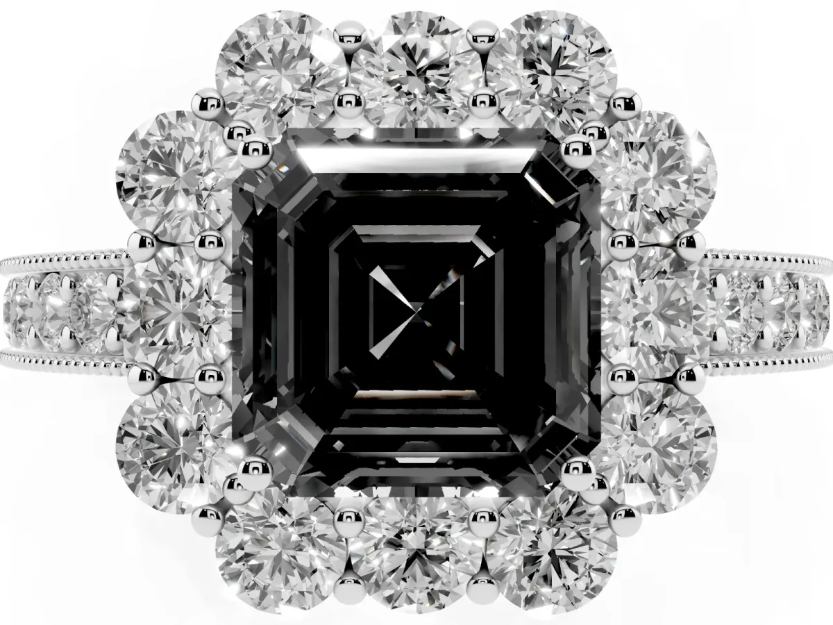 Fancy Black Asscher Cut Cut Halo Diamond Pavé Engagement Ring with Milgrain Detailing Platinum