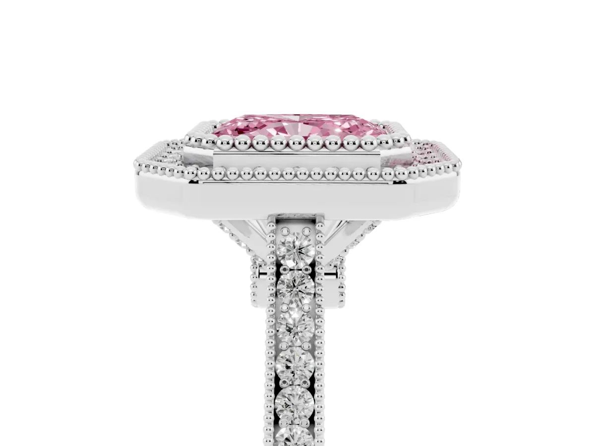 Fancy Pink Radiant Cut Diamond Halo Ring with Milgrain Frame and Pavé Band White gold