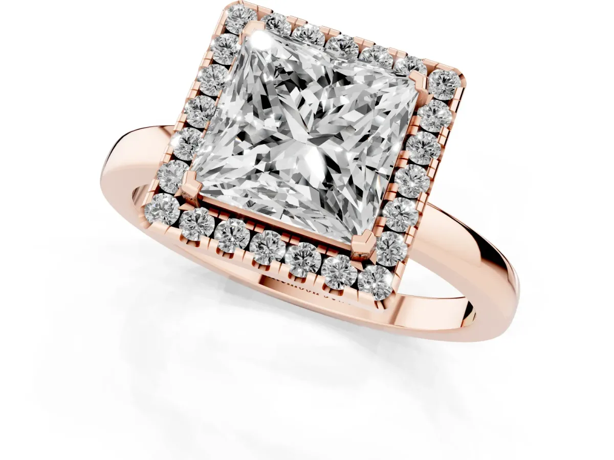 Princess Cut Halo Diamond Solitaire with Pavé Band and Four-Prong Setting Rose gold