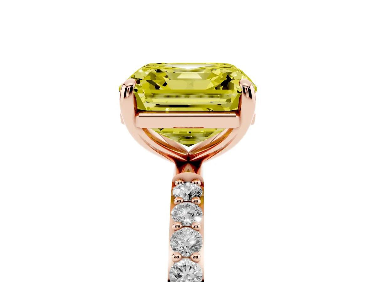 Fancy Yellow Asscher Cut Diamond Solitaire Ring with Round Pavé Band and Prong Setting Rose gold