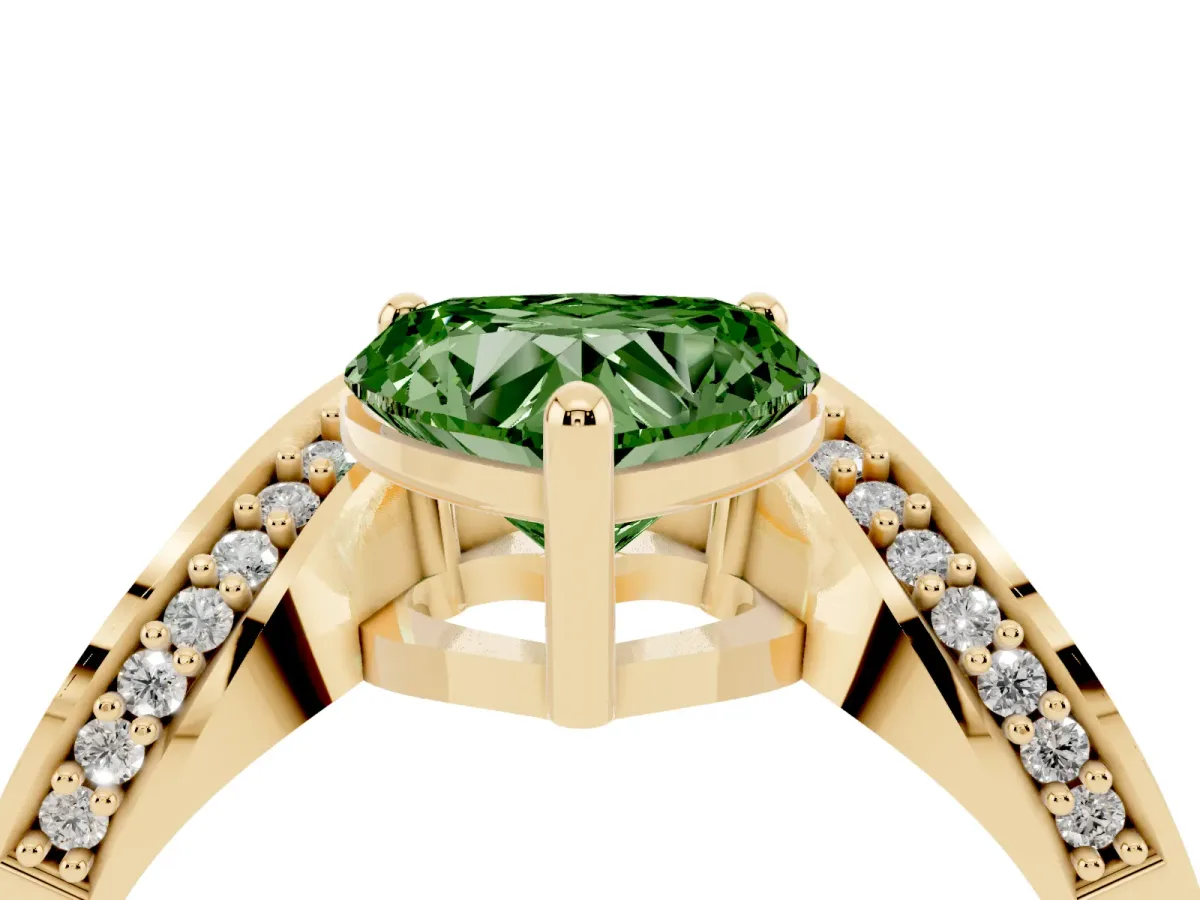 Fancy Green Heart Cut Solitaire Diamond Engagement Ring with Pave Band and Four-Prong Setting Yellow gold