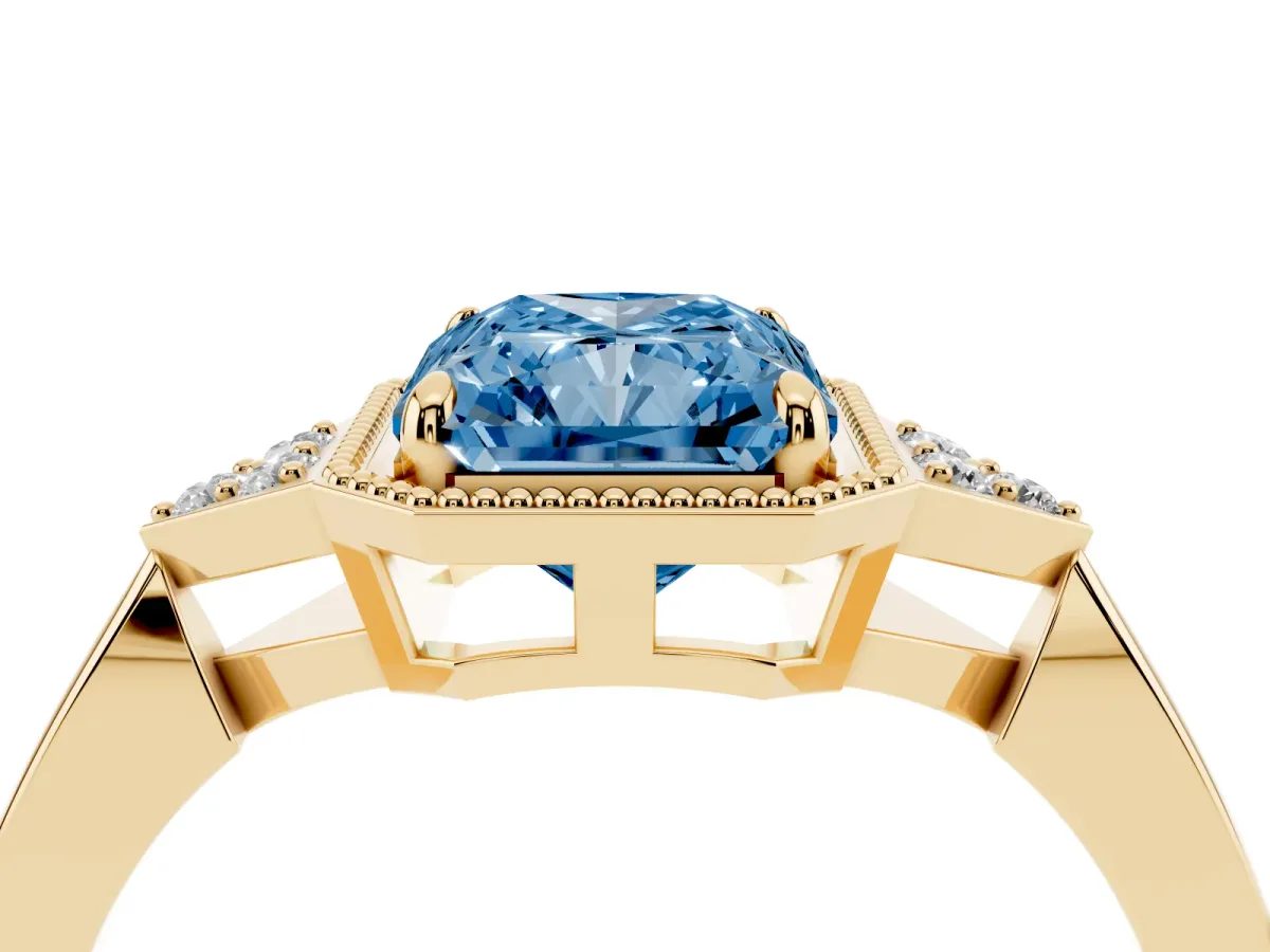 Fancy Blue Radiant Cut Diamond Halo Ring with Tapered Band and Four-Prong Setting Yellow gold