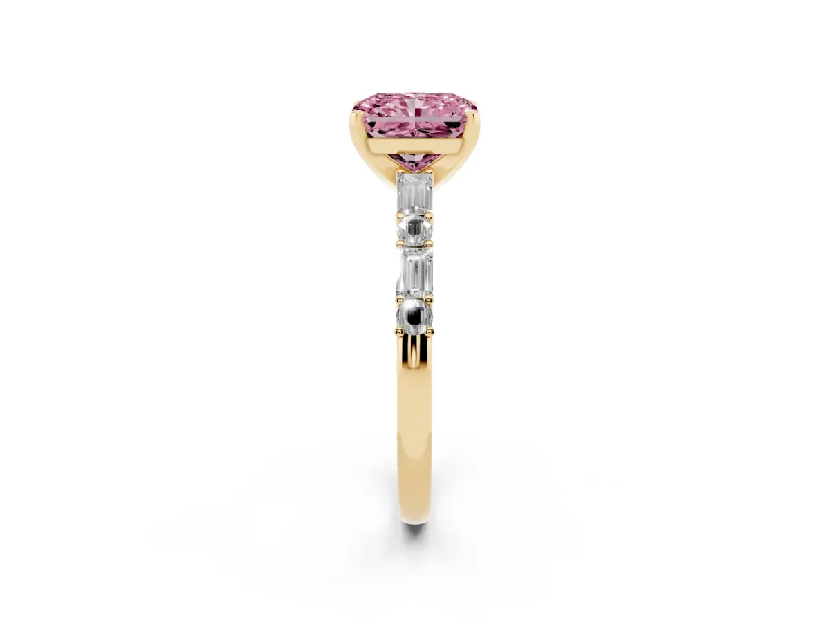 Fancy Pink Radiant Cut Diamond Solitaire with Side Baguettes and Channel Set Band Yellow gold