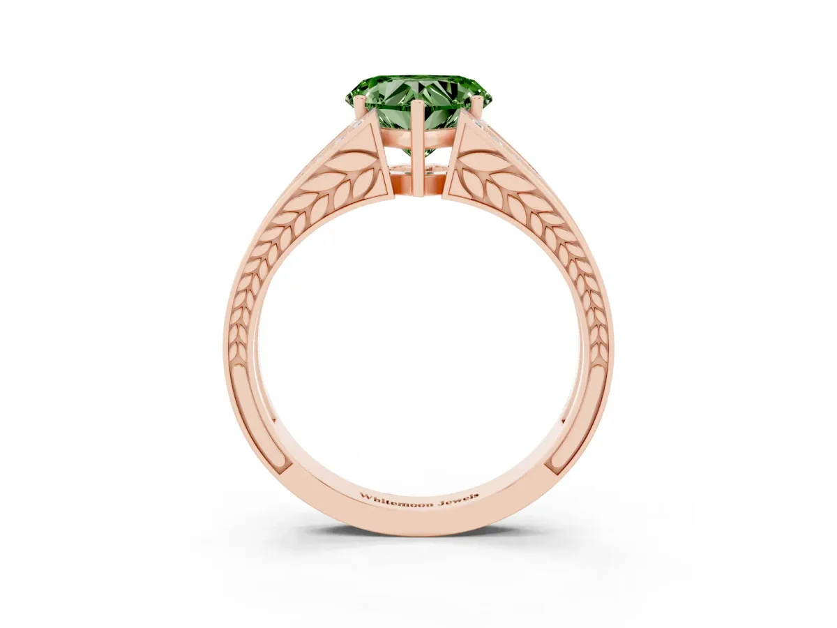 Fancy Green Heart Cut Diamond Split Shank Ring with Pavé Band and Four-Prong Setting Rose gold