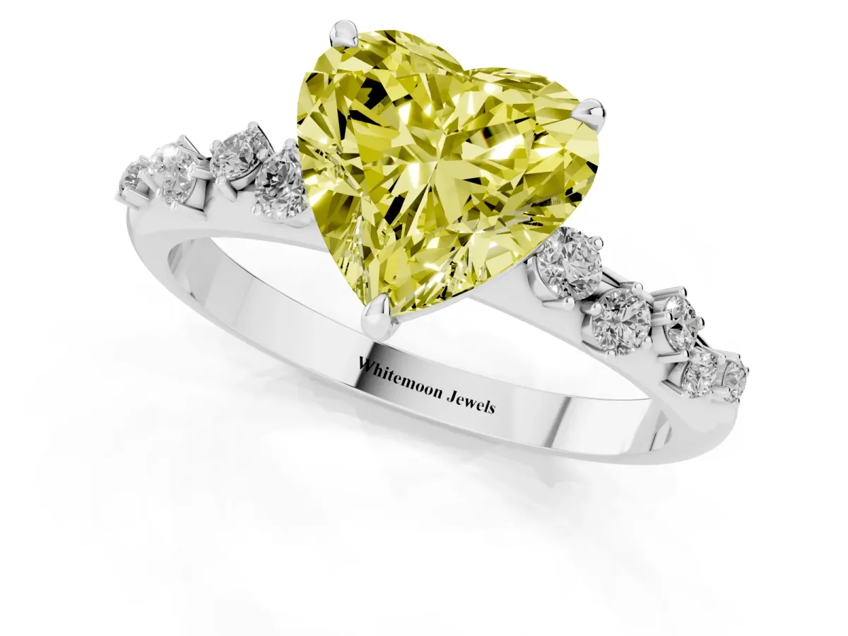 Fancy Yellow Heart Cut Diamond Cluster Prong-Set Solitaire Ring Platinum