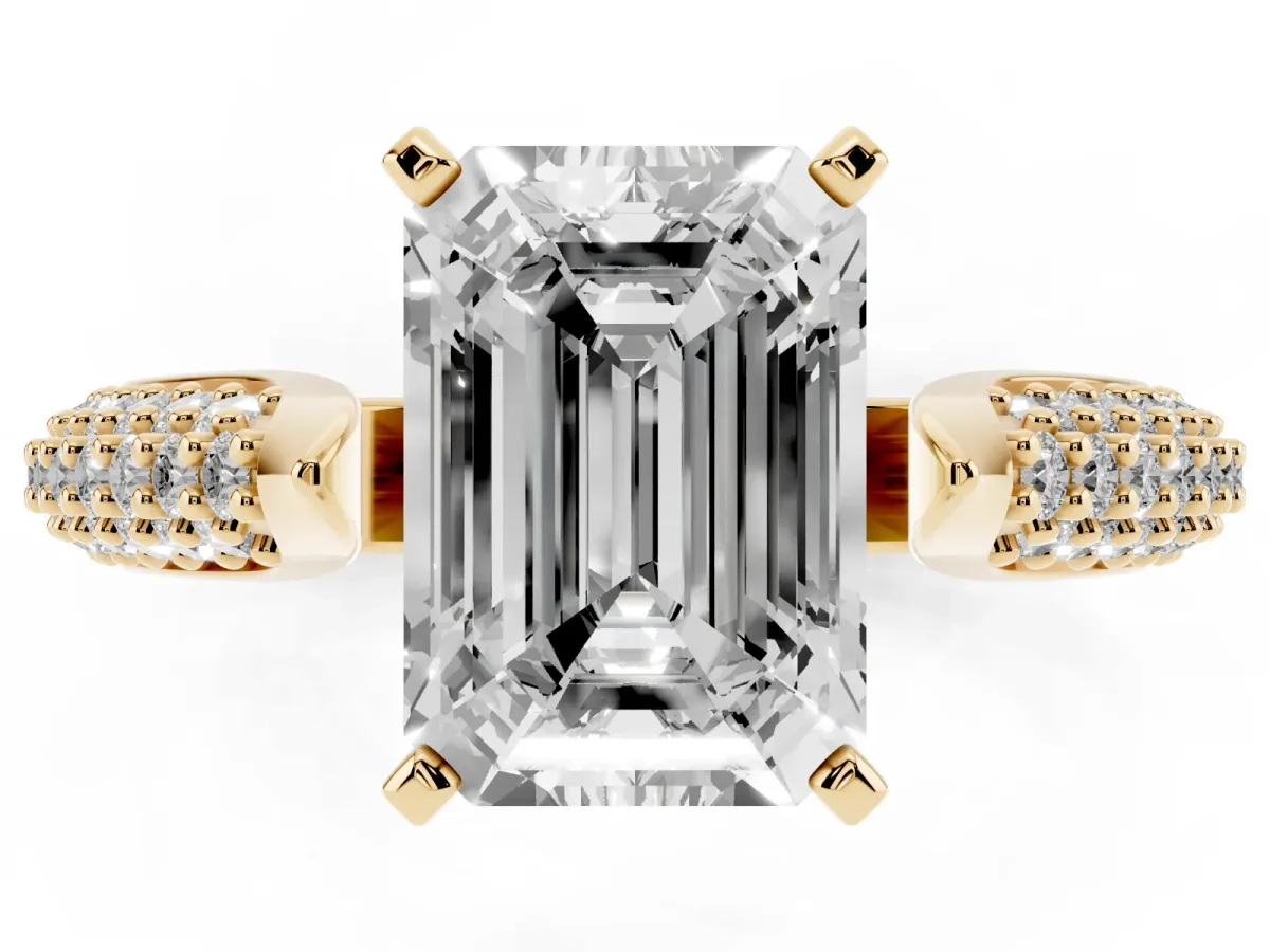 Emerald Cut Diamond Solitaire Engagement Ring with Multi-Row Round Pavé Band and Prong Setting Yellow gold