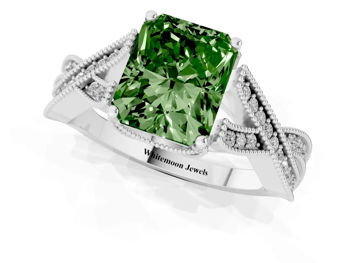 Fancy Green Radiant Cut Cut Diamond Twisted Band with Milgrain Pave Setting and Four-Prong Setting Platinum