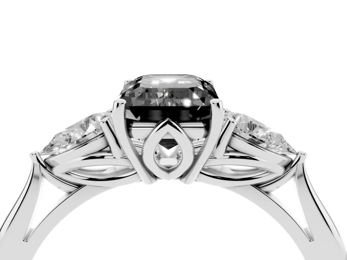 Fancy Black Emerald Cut Diamond Three-Stone Ring with Pear Side Stones and Prong Setting White gold