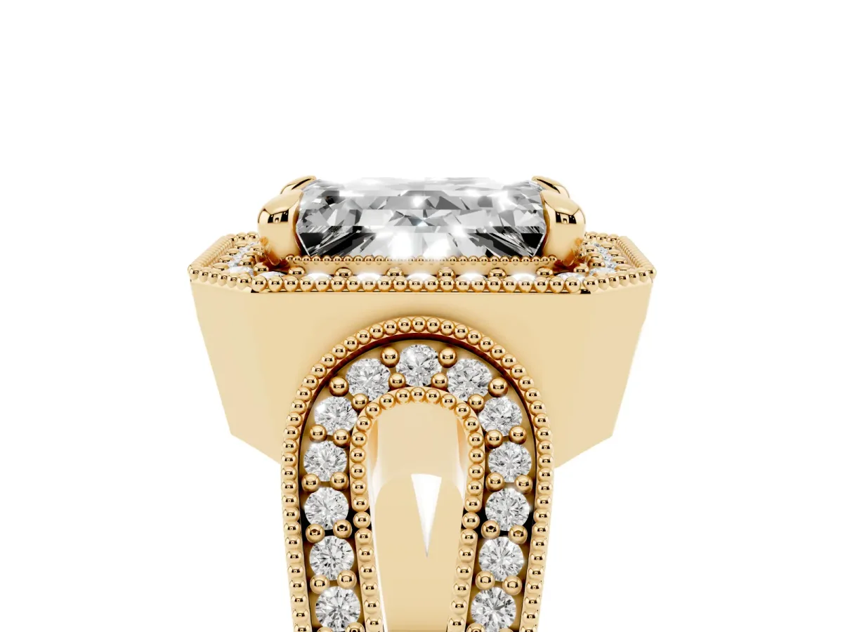 Emerald Cut Halo Split Shank Milgrain Diamond Ring Yellow gold
