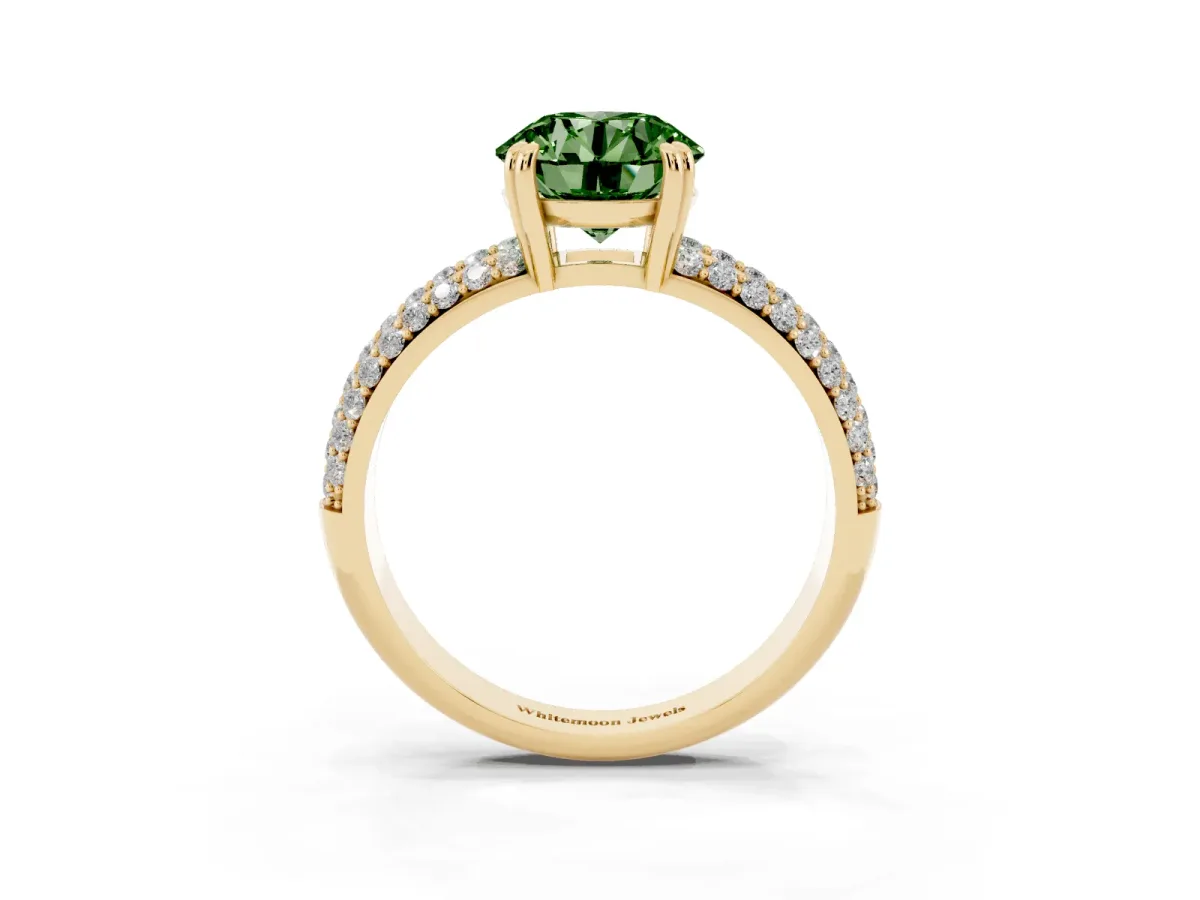 Fancy Green Round Cut Diamond Solitaire Ring with Multi-Row Round Pavé Band and Prong Setting Yellow gold