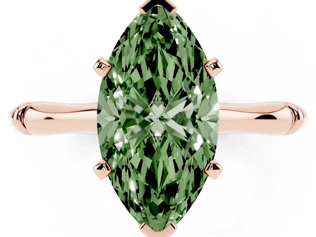 Fancy Green Marquise Cut Solitaire Diamond Ring with Bamboo Band and Four-Prong Setting Rose gold