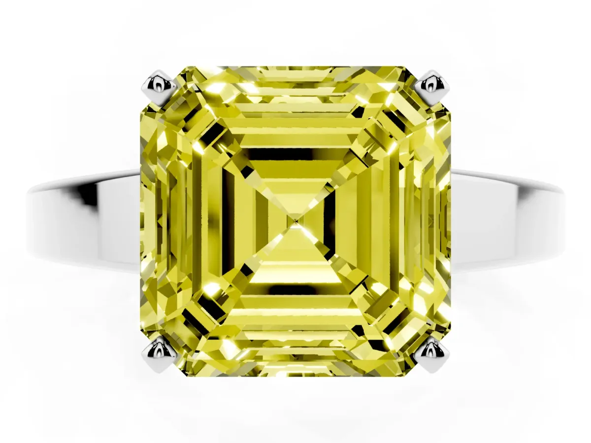 Fancy Yellow Asscher Cut Solitaire Engagement Ring with Four-Prong Setting and Tapered Band Platinum