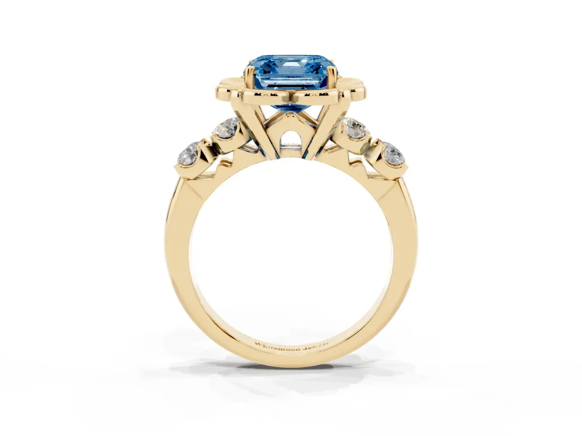 Fancy Blue Asscher Cut Cut Diamond Floral Halo Engagement Ring with Shared Prong Setting Yellow gold