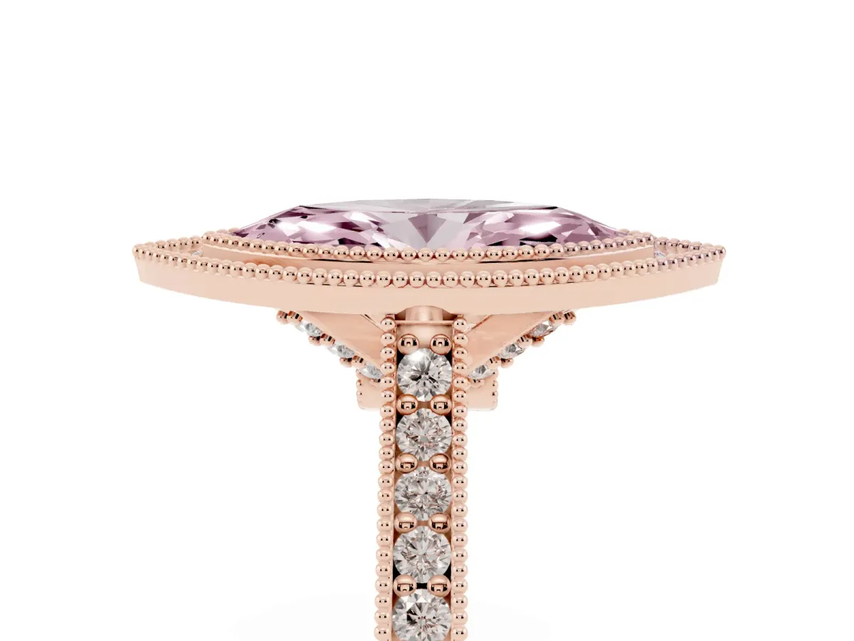 Fancy Pink Halo Marquise Cut-Cut Diamond Pave Band Milgrain Prong Setting Ring Rose gold