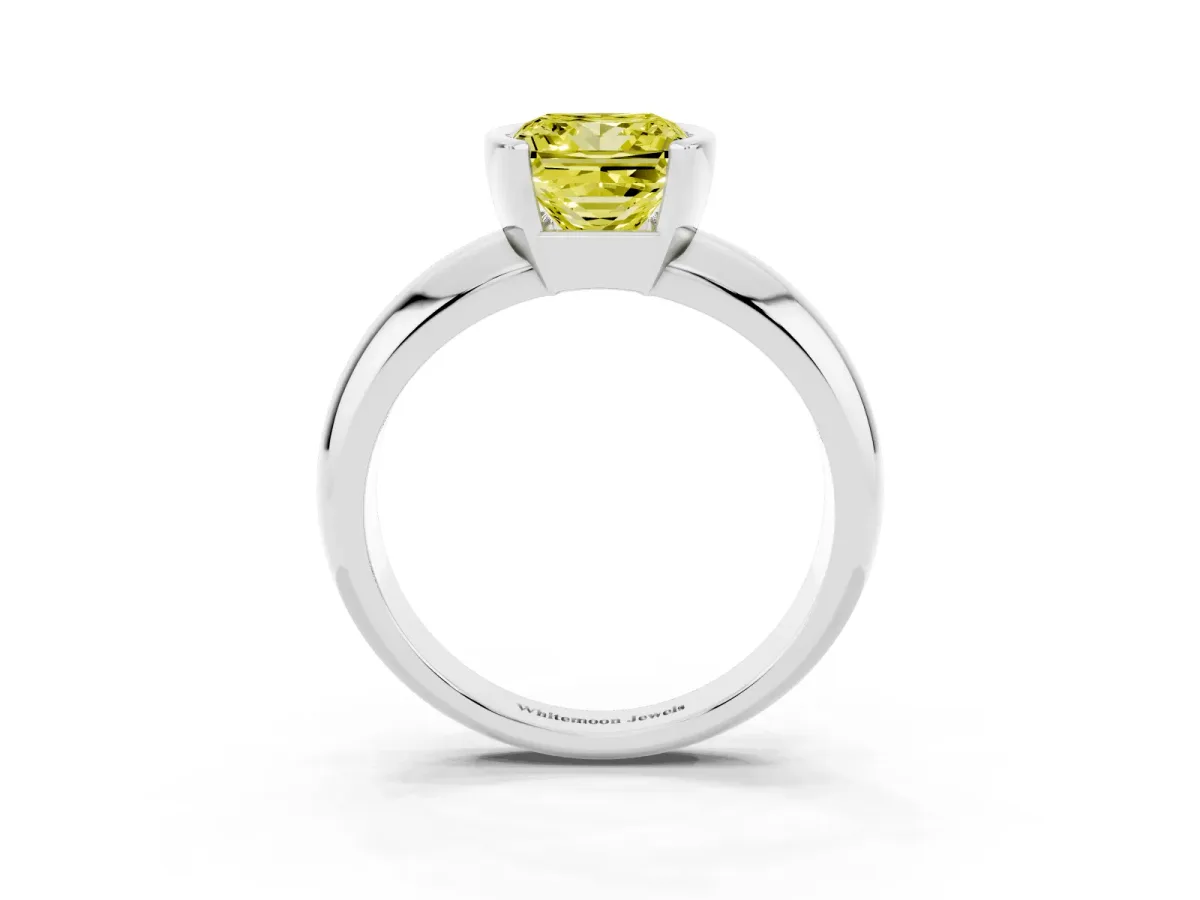 Fancy Yellow Princess Cut Solitaire Tension Set Diamond Ring with Wide Band Silver