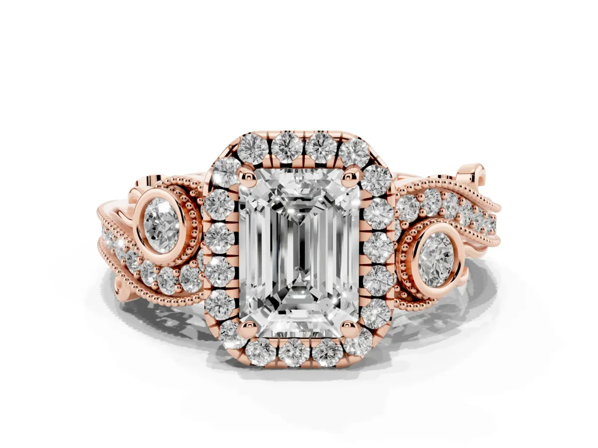 Emerald Cut Diamond Halo Ring with Milgrain Pavé Band and Four-Prong Setting Rose gold