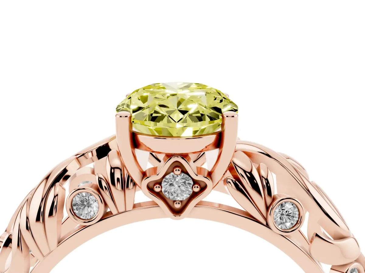 Fancy Yellow Oval Cut Solitaire Diamond Leaf-Inspired Vine Band Ring with Prong Setting Rose gold