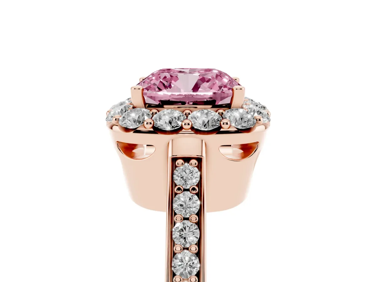 Fancy Pink Cushion Cut Diamond Floral Halo Ring with Pavé Band and Prong Setting Rose gold
