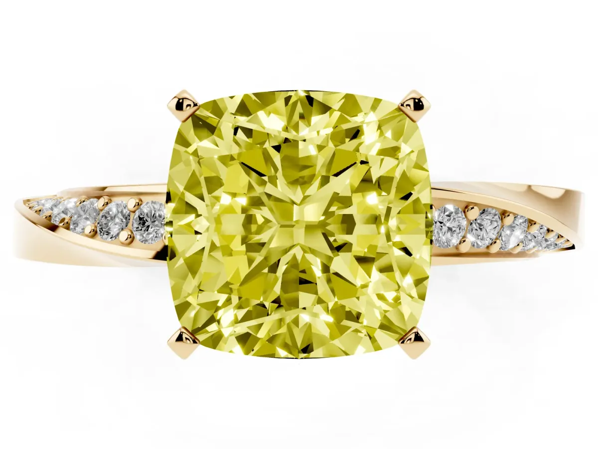 Fancy Yellow Cushion Cut Diamond Engagement Ring with Side Stone Accents and Four-Prong Setting Yellow gold