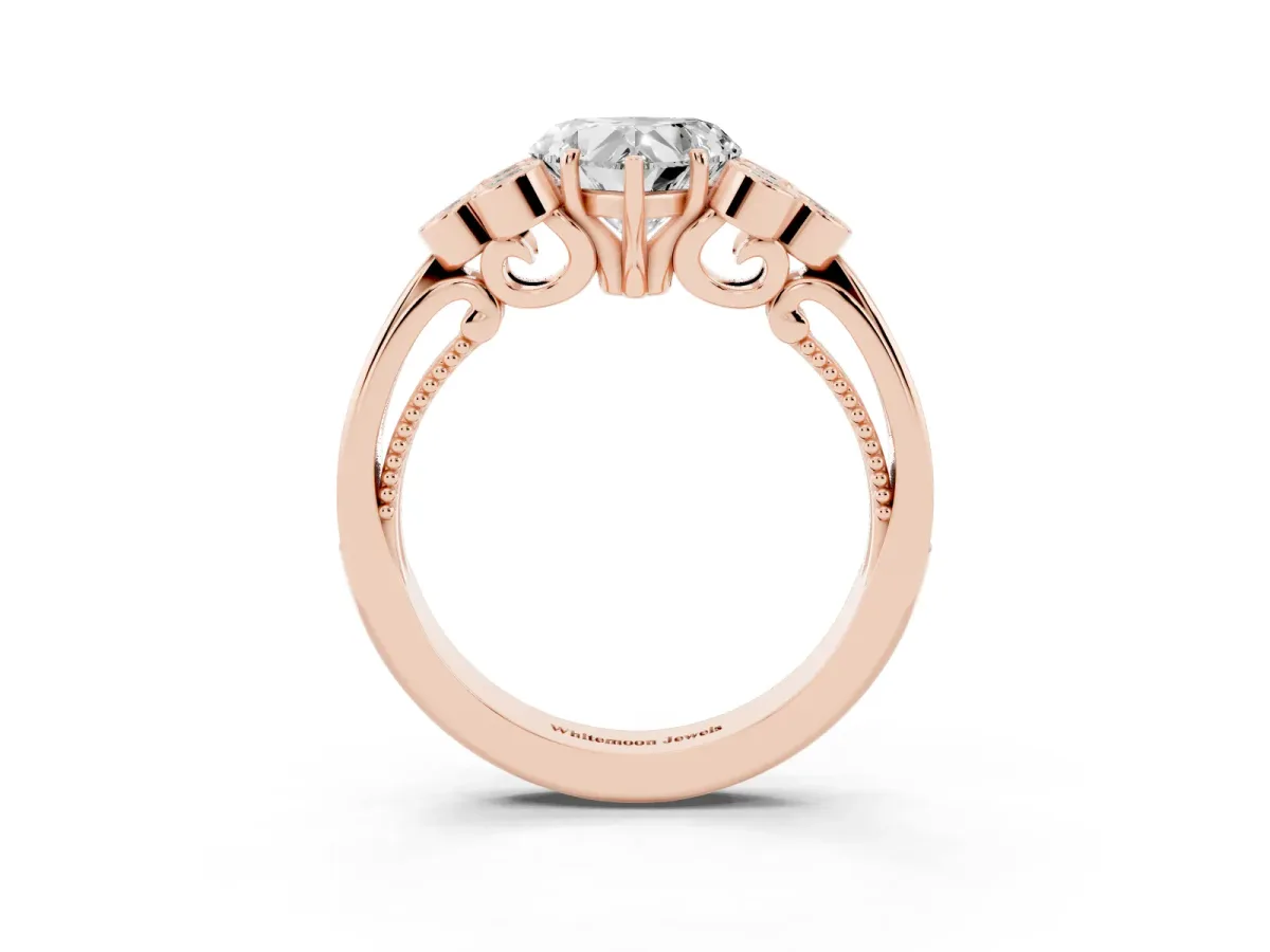 Heart Cut Cut Diamond Engagement Ring with Bezel Set Round Side Stones and Prong Setting Rose gold