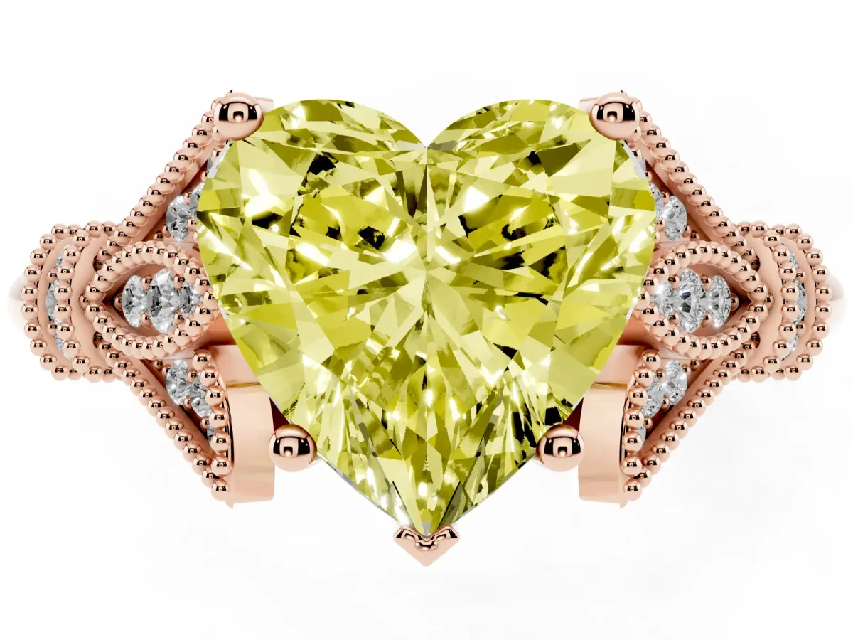 Fancy Yellow Heart Cut Diamond Solitaire Ring with Floral Filigree and Pave Accents Rose gold
