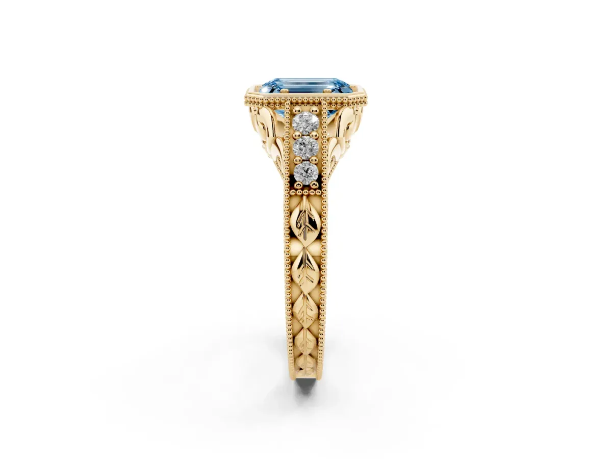 Fancy Blue Bezel Set Emerald Cut Diamond Milgrain Pave Engagement Ring Yellow gold