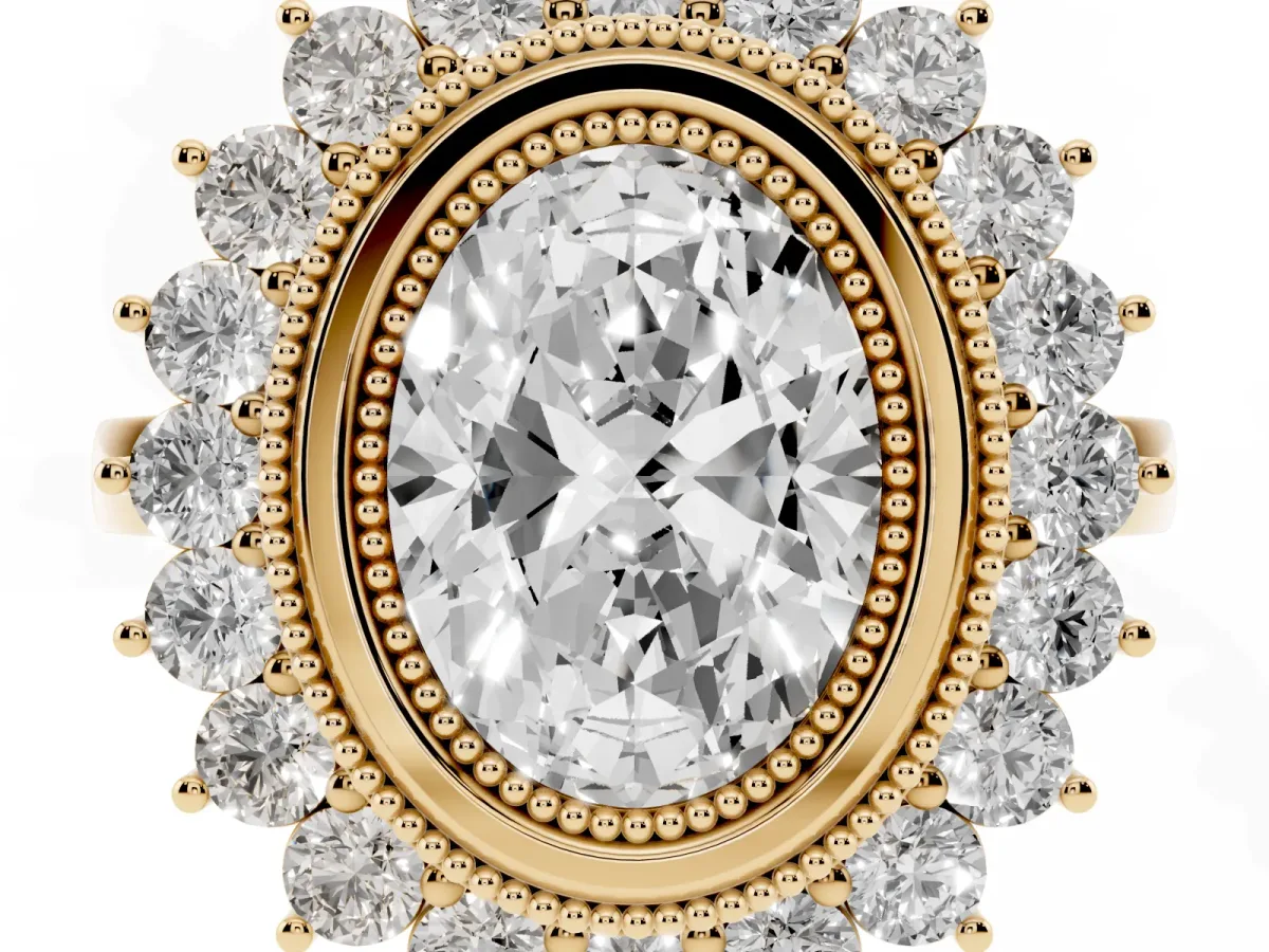 Oval Cut Halo Diamond Ring with Milgrain Edge and Round Prong Setting Yellow gold