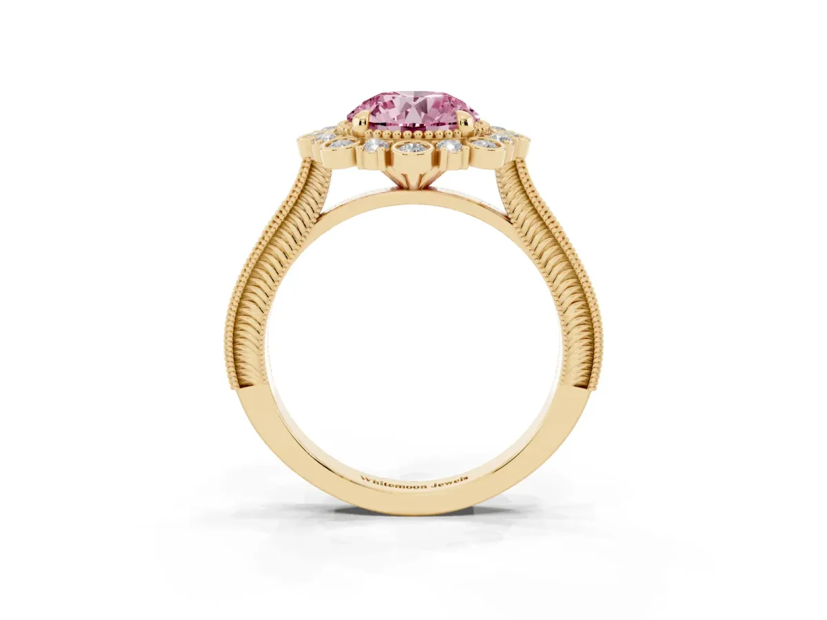 Fancy Pink Round Cut Halo Milgrain Pave Diamond Ring with Four-Prong Setting Yellow gold
