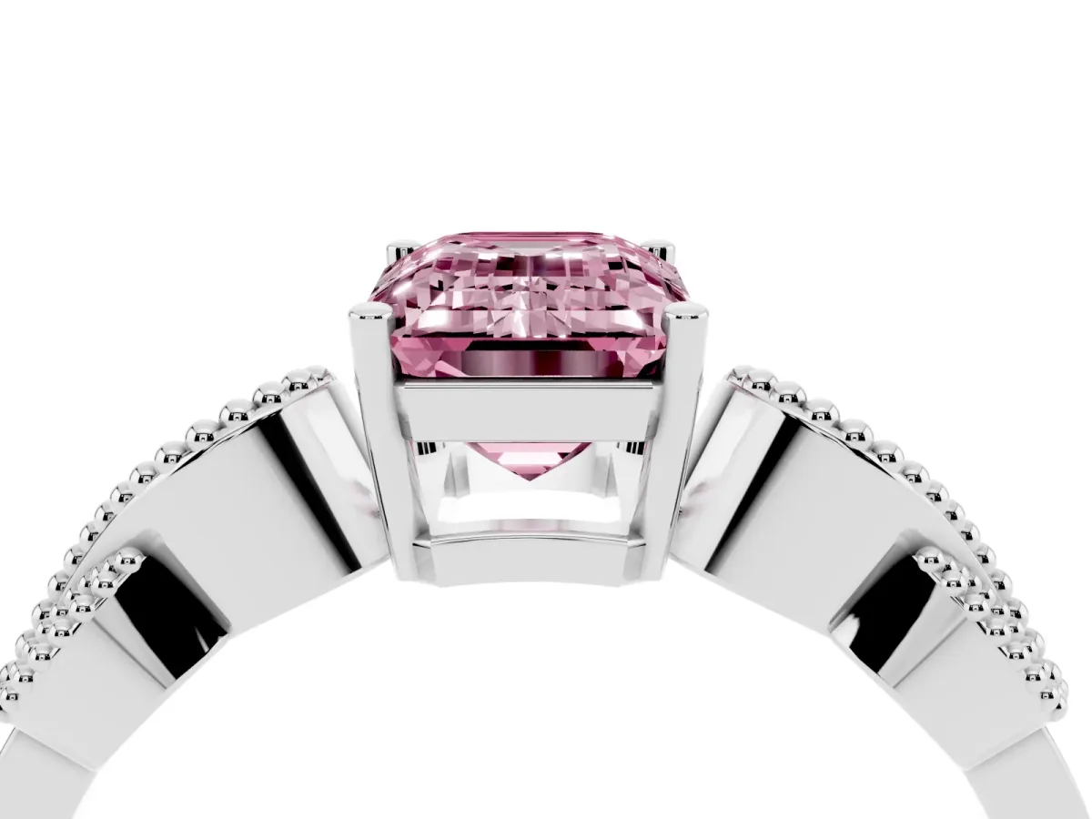 Fancy Pink Emerald Cut Solitaire Milgrain Leaf Band with Prong Setting Silver