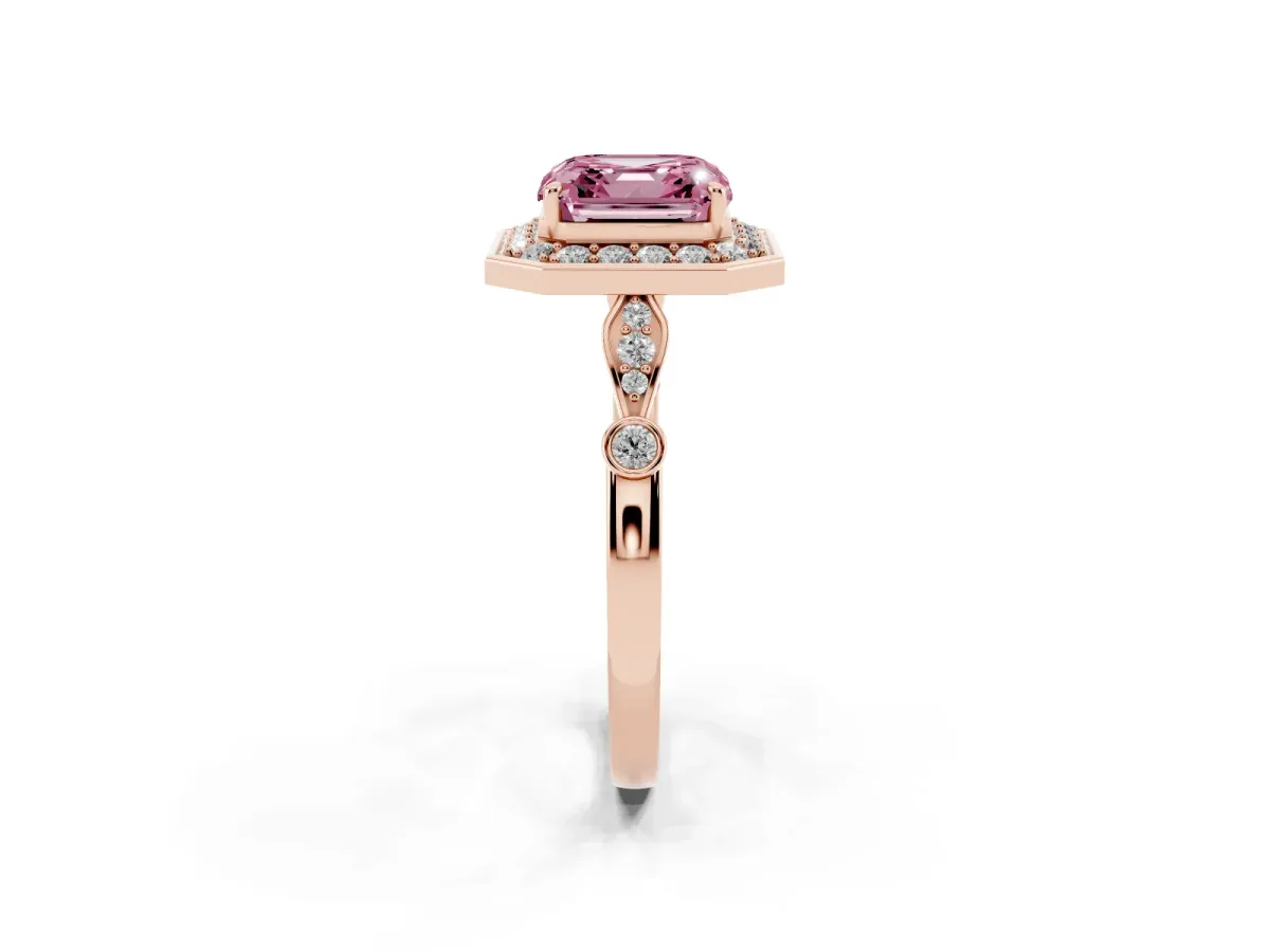 Fancy Pink Asscher Cut Halo Diamond Engagement Ring with Twisted Band and Four-Prong Setting Rose gold