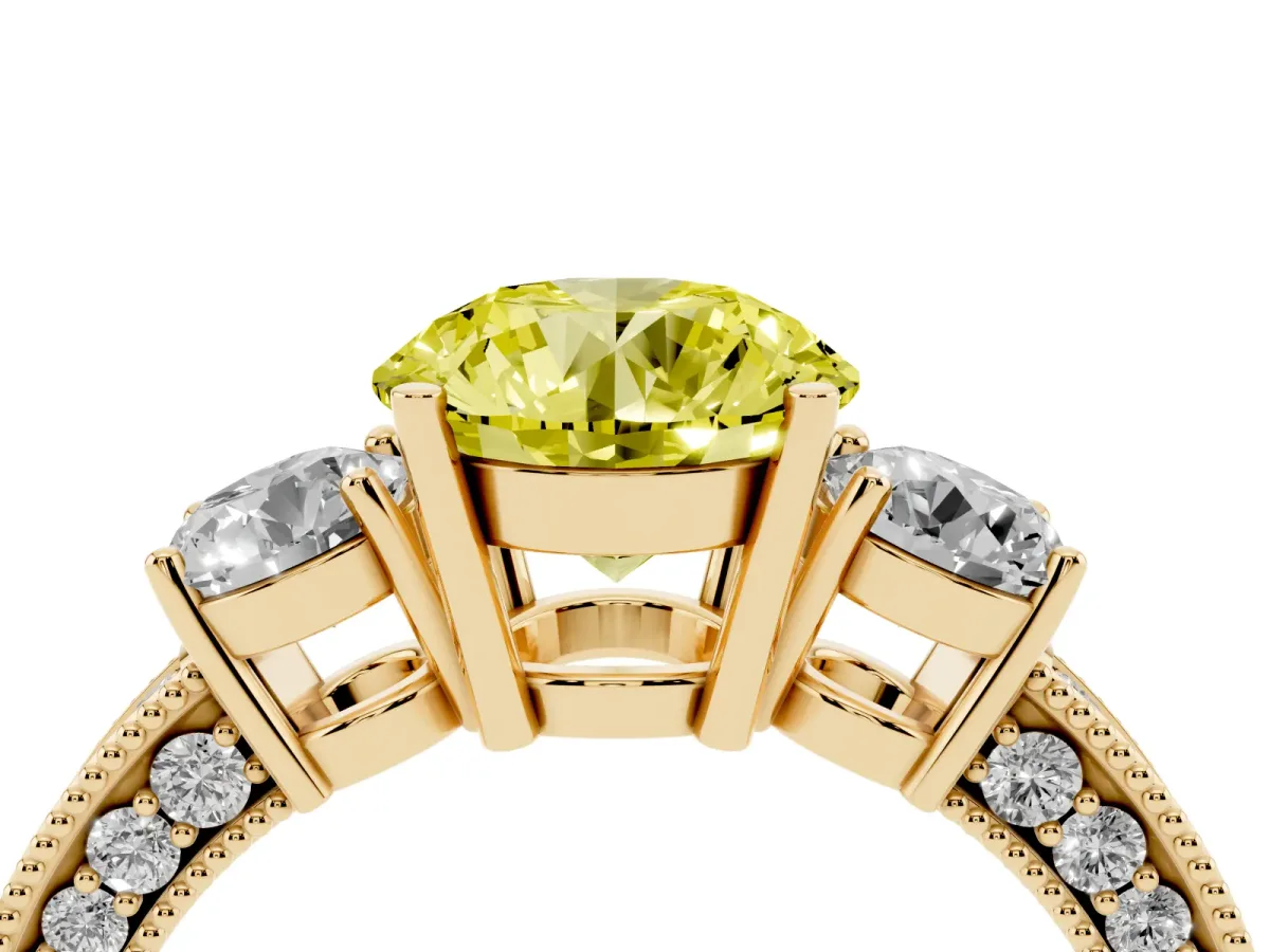 Fancy Yellow Round Cut Three-Stone Diamond Ring with Pavé Band and Four-Prong Setting Yellow gold