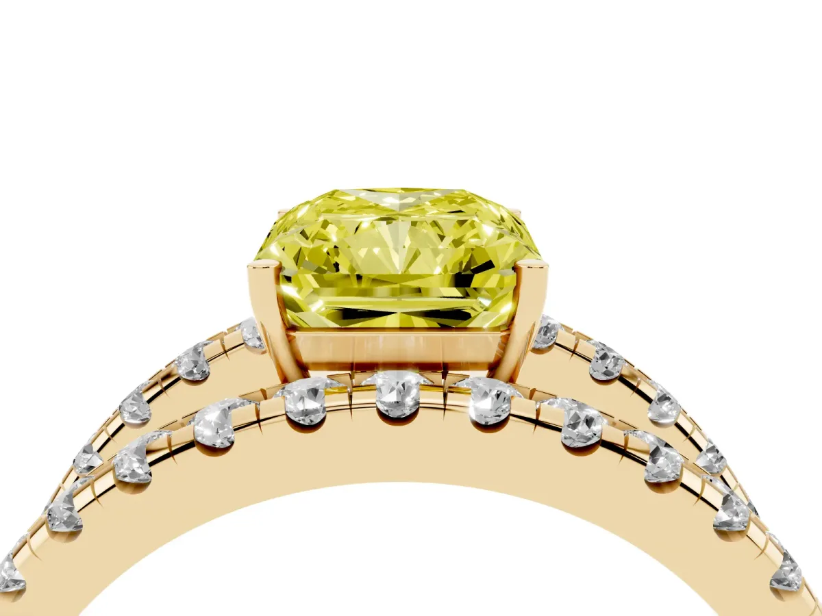 Fancy Yellow Radiant Cut Solitaire Split Shank Pave Diamond Ring Yellow gold
