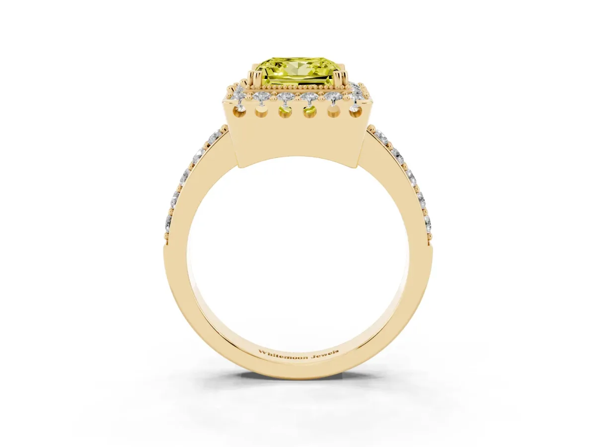 Fancy Yellow Princess Cut Diamond Halo Ring with Pavé Band and Prong Setting Yellow gold