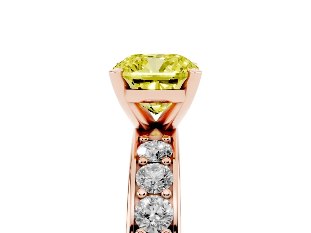 Fancy Yellow Cushion Cut Diamond Engagement Ring with Channel Set Round Band and Prong Setting Rose gold
