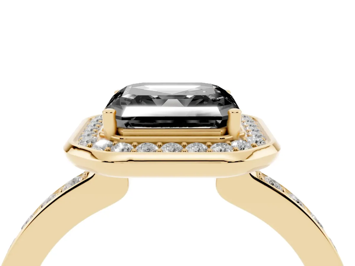 Fancy Black Asscher Cut Diamond Halo Ring with Bezel Frame and Pavé Band Yellow gold