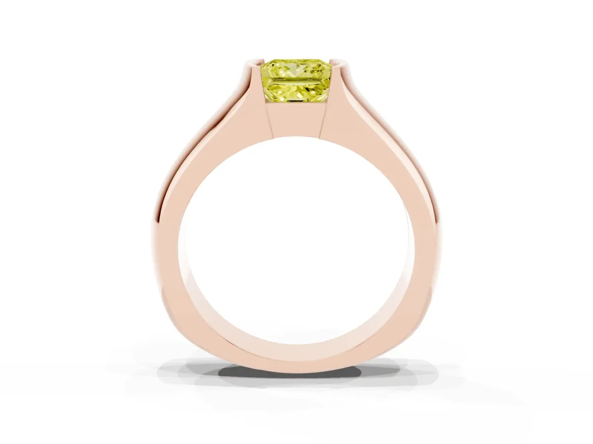 Fancy Yellow Princess Cut Solitaire Bezel Set Diamond Ring with Wide Band Rose gold
