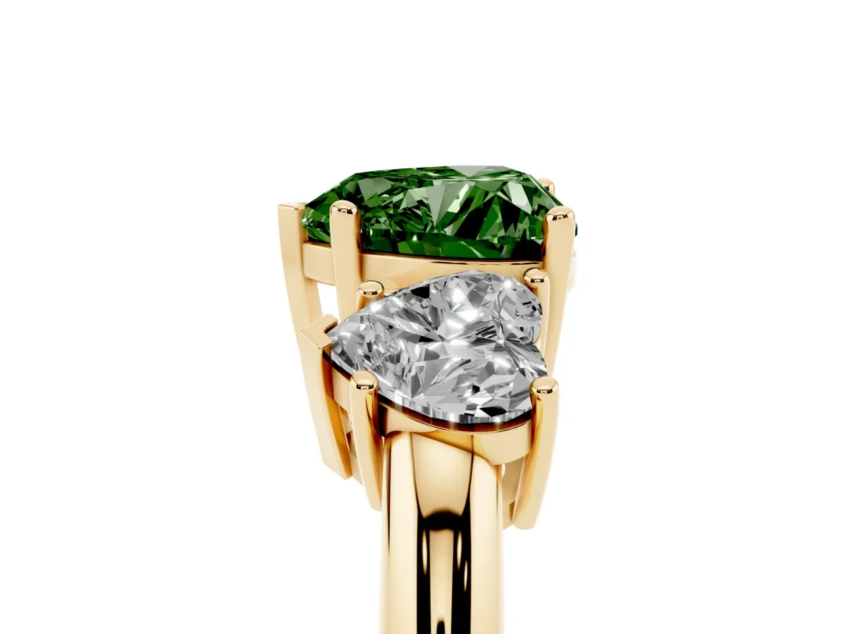 Fancy Green Three-Stone Heart Cut Cut Diamond Engagement Ring with Prong Setting on a White Gold Band Yellow gold