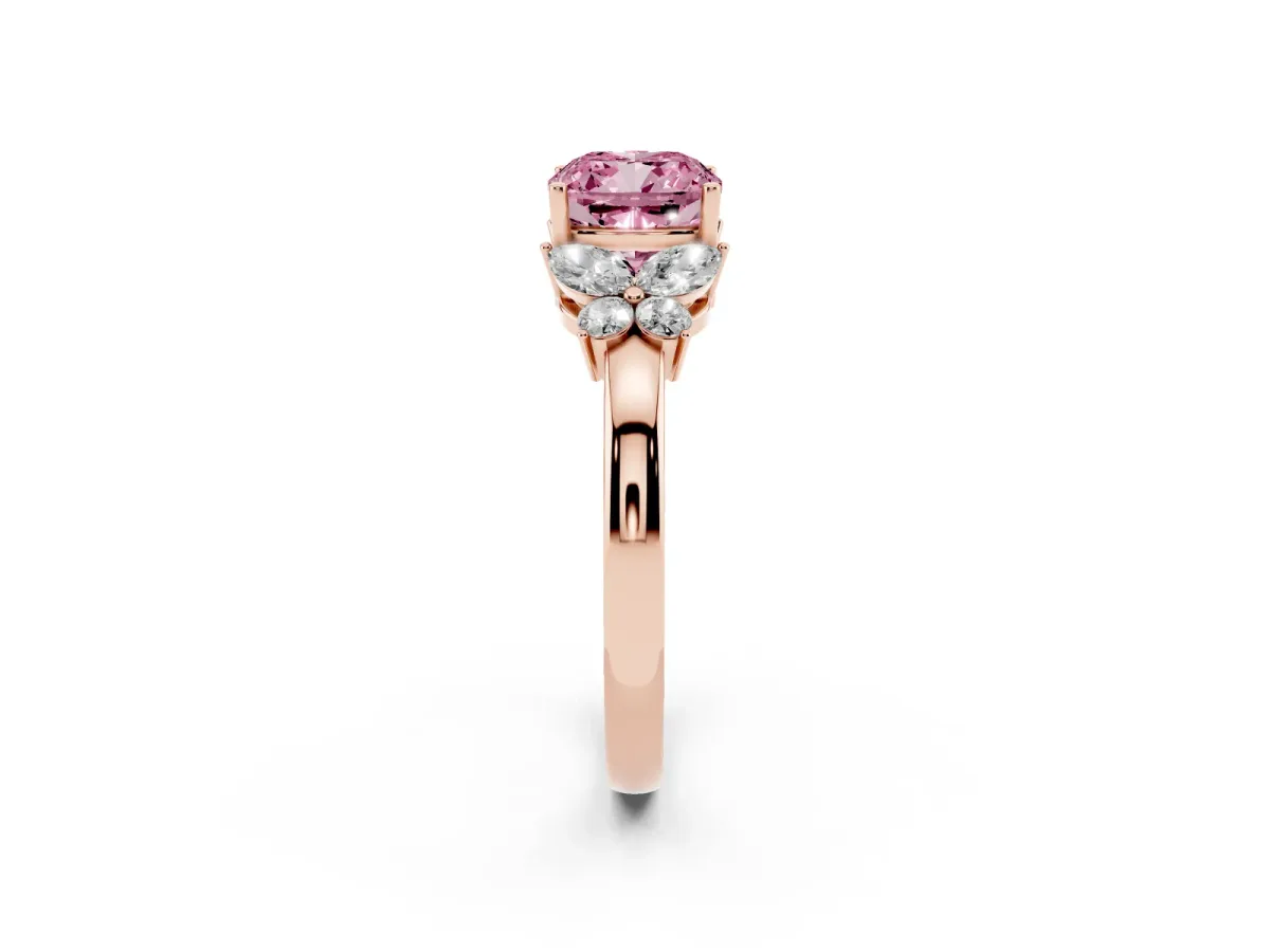 Fancy Pink Cushion Cut Cut Solitaire Floral Diamond Ring with Four-Prong Setting Rose gold