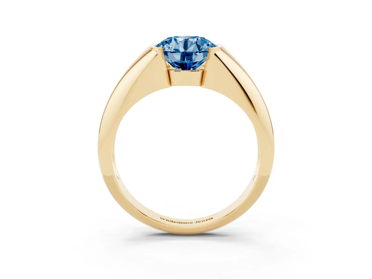 Fancy Blue Round Cut Solitaire Tension Set Diamond Ring Yellow gold