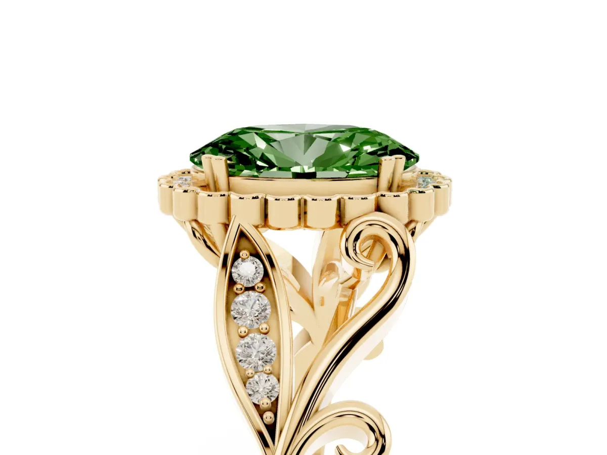 Fancy Green Oval Cut Diamond Halo Ring with Vintage Split Shank and Four-Prong Setting Yellow gold
