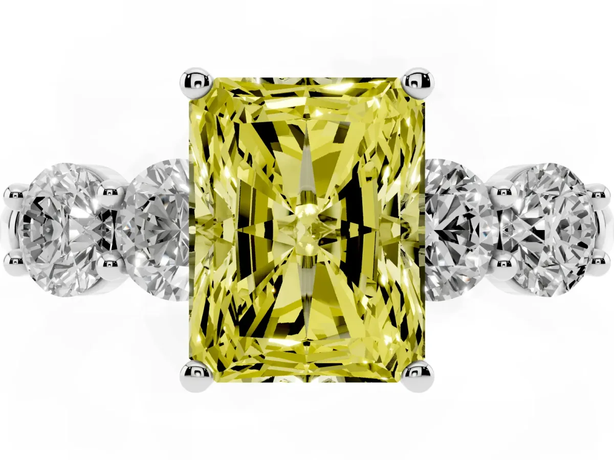 Fancy Yellow Radiant Cut Cut Five-Stone Prong Set Diamond Ring with Classic Band Silver