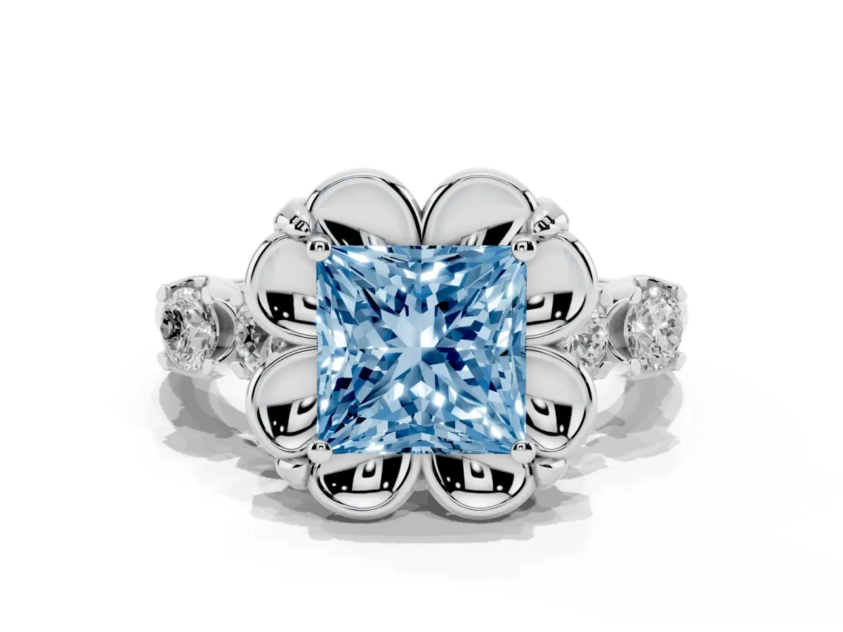 Fancy Blue Princess Cut Cut Diamond Floral Halo Engagement Ring with Shared Prong Setting Silver